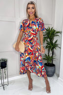 Multi Printed Butterfly Sleeve Wrap Midi Dress