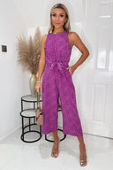 Pink And Black Heart Printed Knot Front Jumpsuit