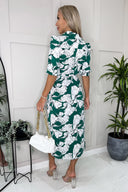 Green And White Floral Printed 3/4 Sleeve Midi Shirt Dress