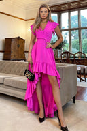 Hot Pink High Low Frill Hem V Neck Midi Dress