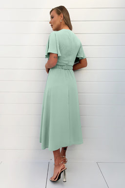 Duck Egg Short Sleeve Belted Wrap Midi Dress