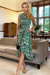 Green Printed Gathered Waist Midi Dress With Padded Shoulders