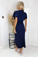 Navy Short Sleeve V Neck Gold Buckle Wrap Midi Dress