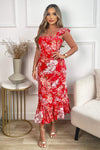 Red Floral Printed Frill Strap Midi Dress