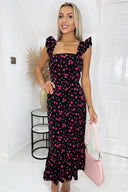 Black And Pink Floral Printed Frill Strap Midi Dress