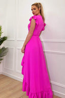 Hot Pink High Low Frill Hem V Neck Midi Dress