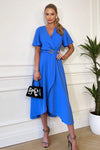 Blue Short Sleeve Belted Wrap Midi Dress