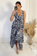 Navy And Cream Printed V Neck Zig Zag Hem Pleated Midi Dress