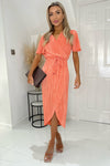 Peach Wrap Top Belted Short Sleeve Plisse Midi Dress