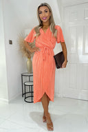 Peach Wrap Top Belted Short Sleeve Plisse Midi Dress