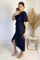 Navy Wrap Top Belted Short Sleeve Plisse Midi Dress