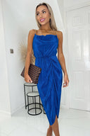 Cobalt Plisse Cowl Neck Gathered Midi Dress