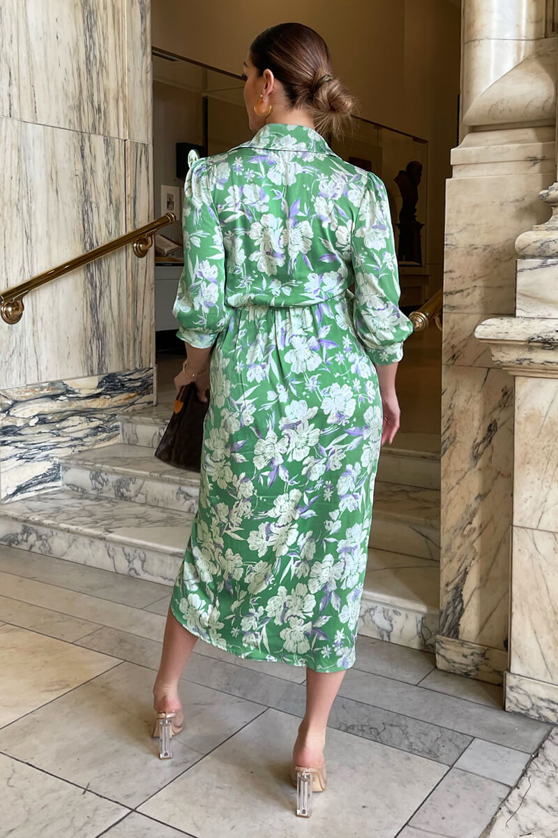 Green Floral Wrap Shirt Midi Dress