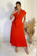 Burnt Orange Tie Waist Button Up Midi Dress