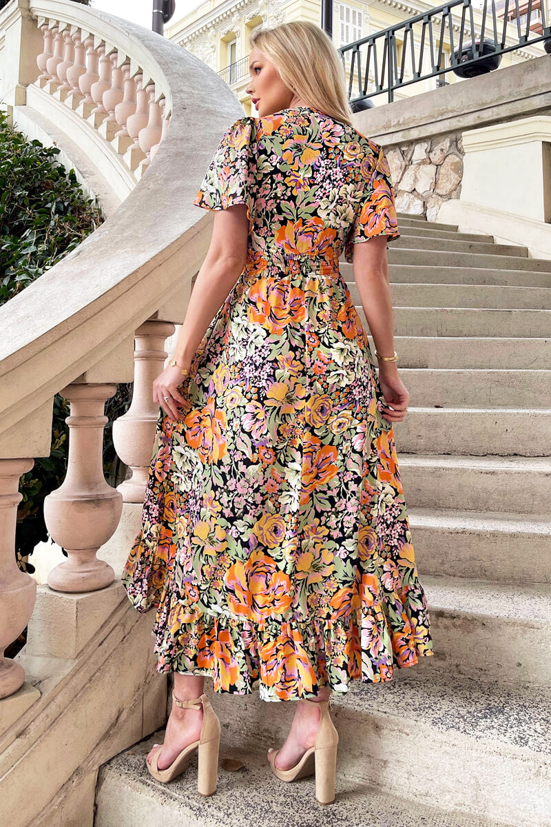 Multi Floral Printed High Low Wrap Top Midi Dress