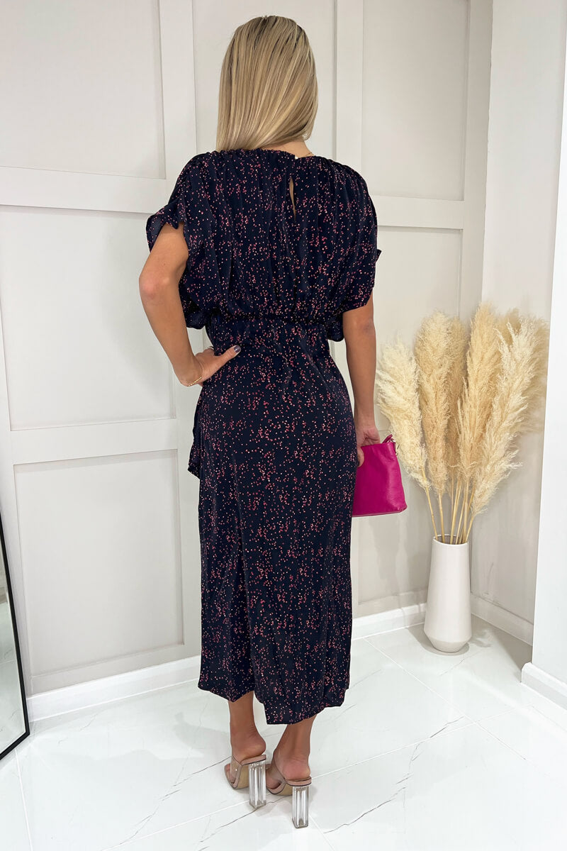 Navy And Pink Printed Wrap Skirt Midi Dress