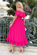 Hot Pink Bardot Style Midi Dress