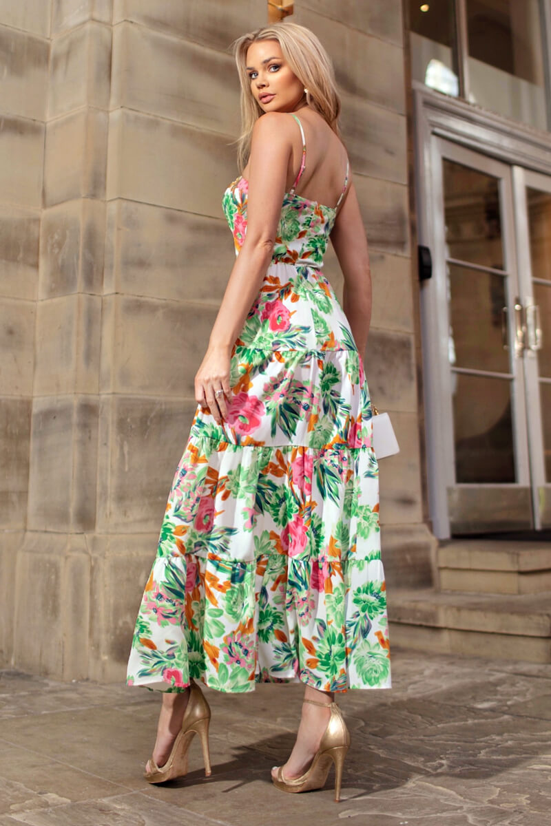 Green Floral Print Strappy Smock Midi Dress