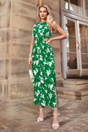 Green And White Floral Printed Cut Out Midi Dress