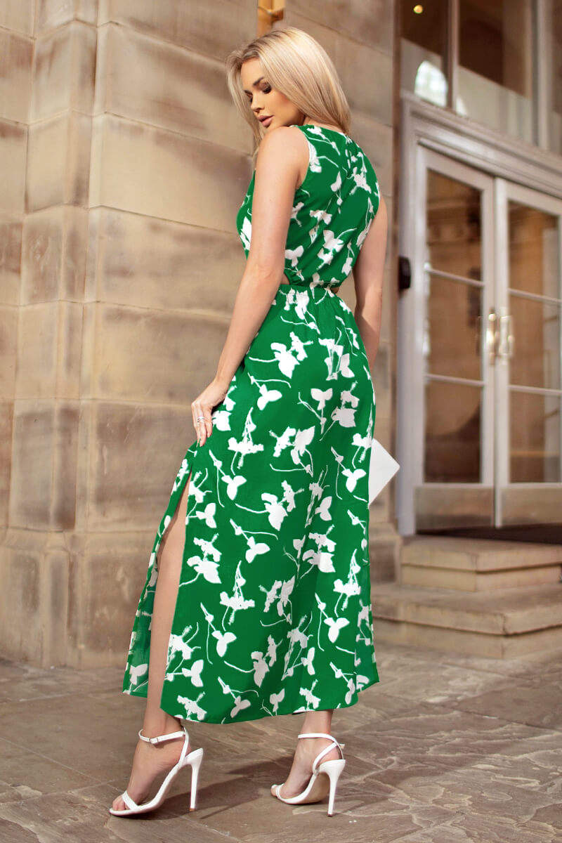 Green And White Floral Printed Cut Out Midi Dress