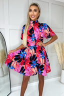 Multi Leaf Print Short Sleeve High Neck Belted Skater Dress