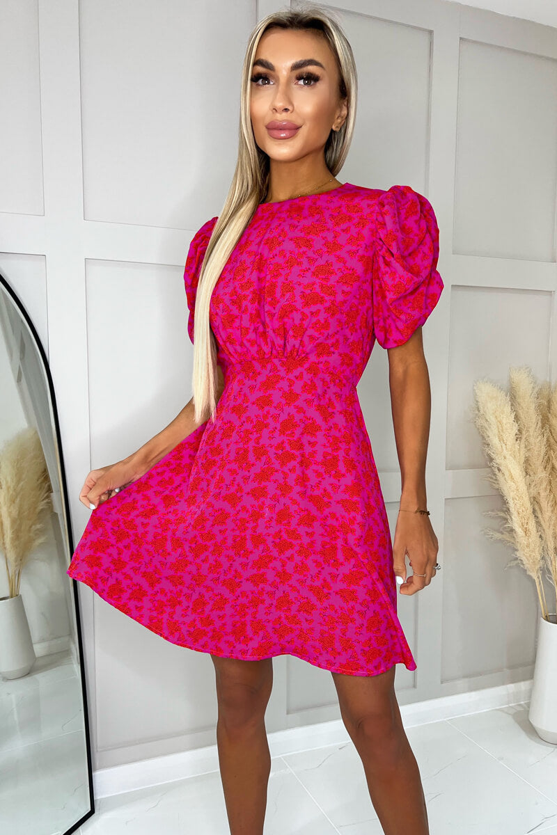 Pink And Red Floral Printed Puff Sleeve Mini Skater Dress