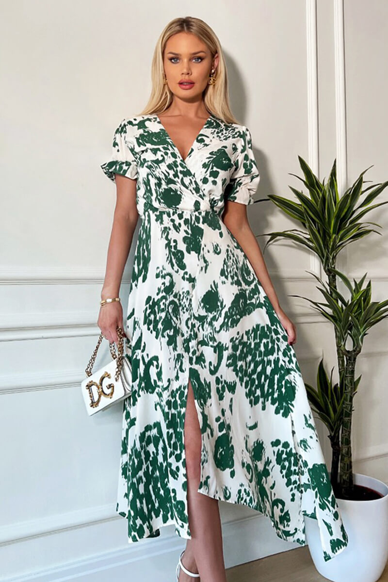 Green And Cream Printed Short Sleeve Wrap Over Midi Dress