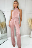 Champagne Halter Neck Plisse Jumpsuit