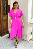 Hot Pink Short Sleeve Belted Wrap Midi Dress