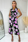 Black And Lilac Floral Printed Tie Waist Jumpsuit