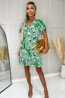 Green And White Printed V Neck Short Sleeve Ruffle Hem Mini Dress