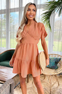 Terracotta Short Sleeve Tie Back V Neck Mini Dress