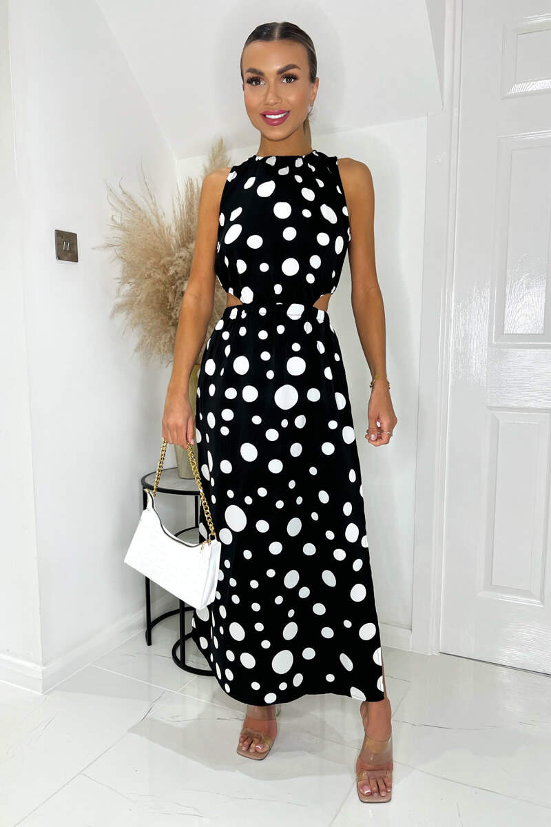 Black And White Polka Dot Cut Out Midi Dress