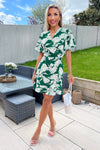 Green And White Floral Printed Short Sleeve Day Dress