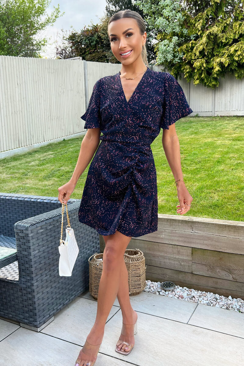 Navy And Pink Printed Short Sleeve Gathered Mini Dress