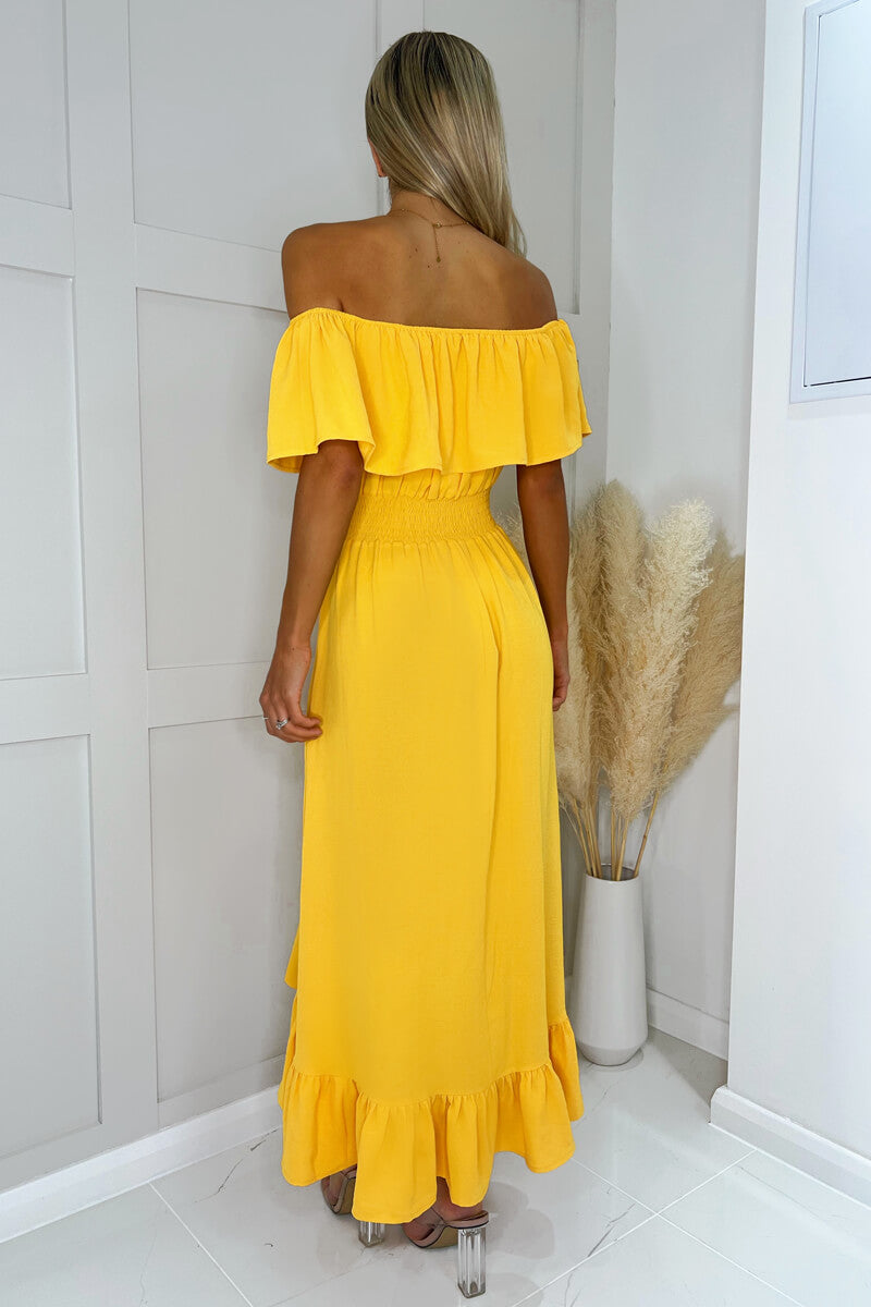 Yellow Bardot Style Midi Dress