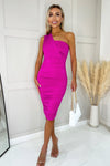 Hot Pink One Shoulder Ruched Bodycon Midi Dress