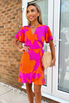 Pink And Orange Floral Printed Short Sleeve Frill Hem Mini Dress