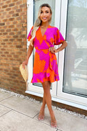 Pink And Orange Floral Printed Short Sleeve Frill Hem Mini Dress