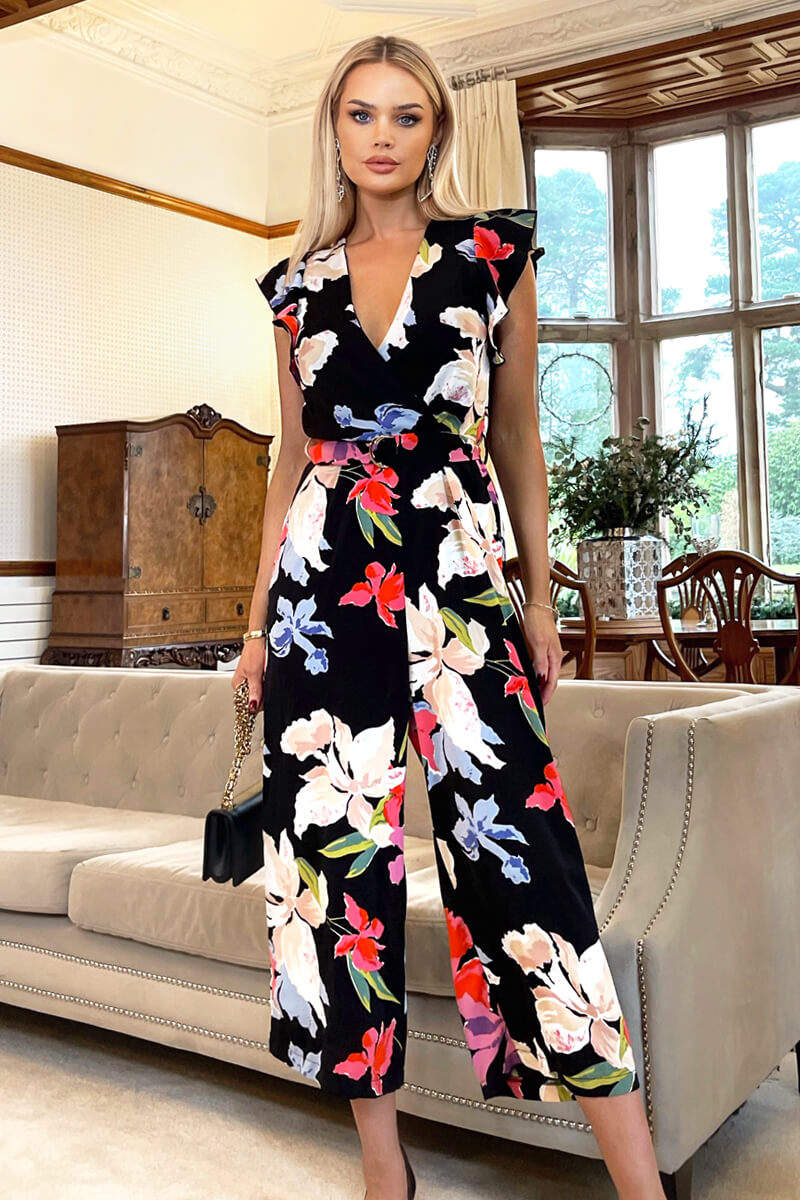 Black Floral Printed Wrap Front Belted Jumpsuit