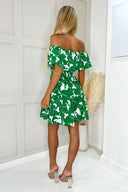 Green And White Printed Bardot Style Mini Dress