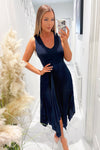 Navy V Neck Pleated Skirt Belted Waist Midi Dress