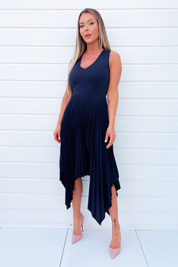 Navy V Neck Pleated Skirt Belted Waist Midi Dress