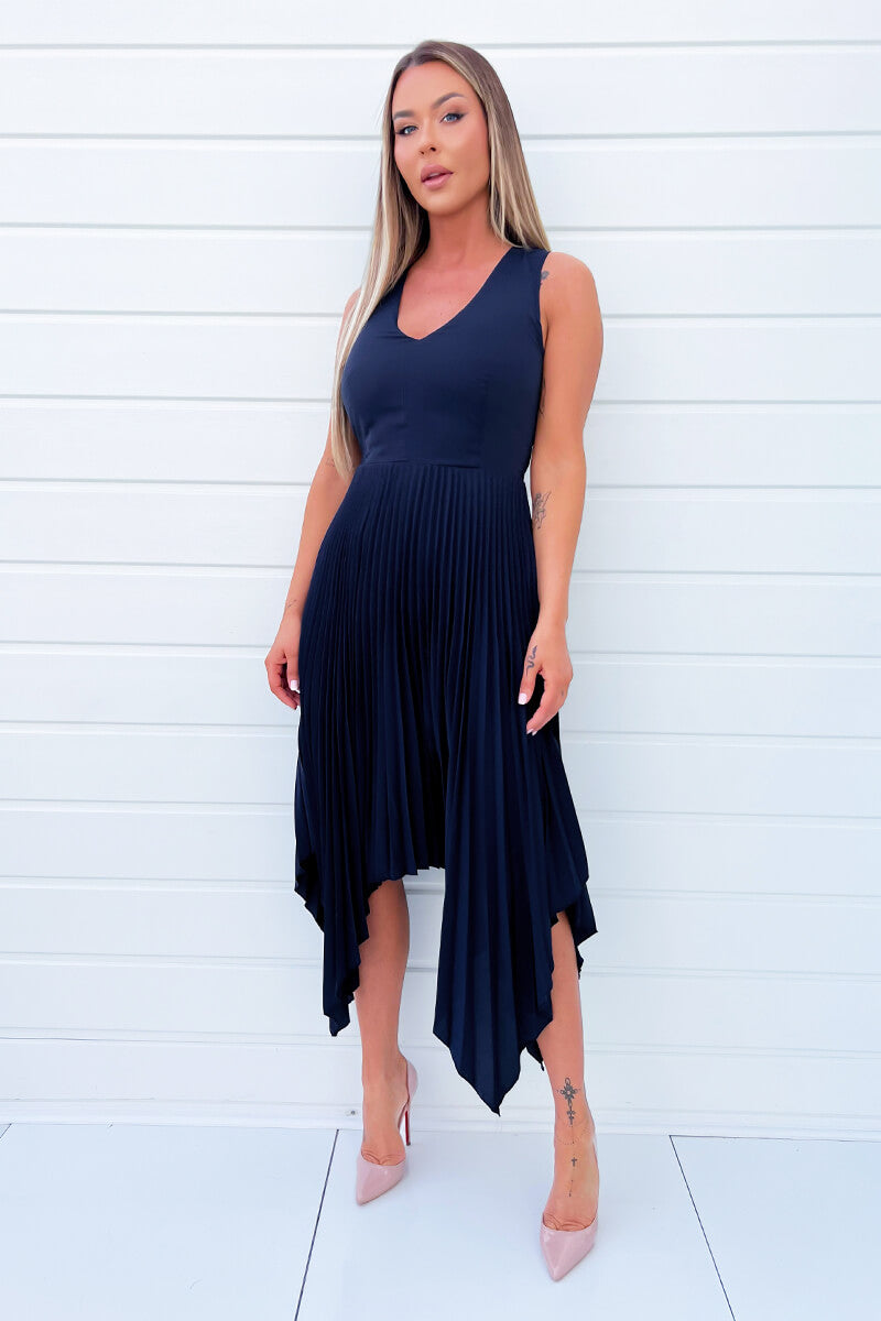 Navy V Neck Pleated Skirt Belted Waist Midi Dress