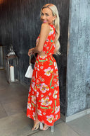 Orange Floral Cut Out Waist Midi Dress