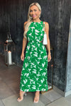 Green And White Floral Printed Cut Out Midi Dress