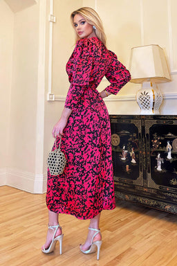 Cerise Printed Wrap Top Split Skirt Midi Dress