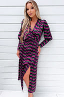 Multi Printed Long Sleeve Wrap Top Midi Dress