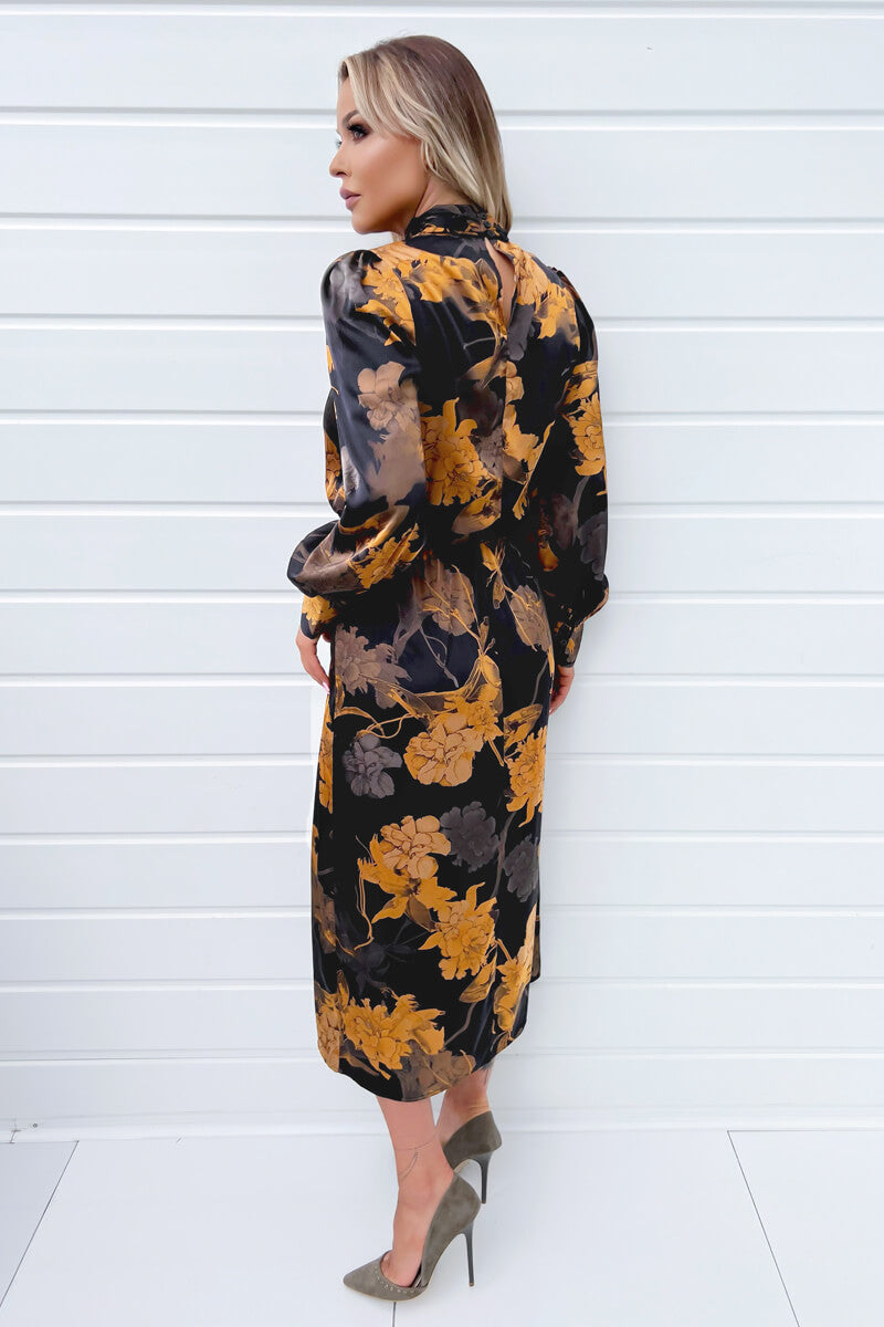 Black Floral Print High Neck Long Sleeve Midi Dress