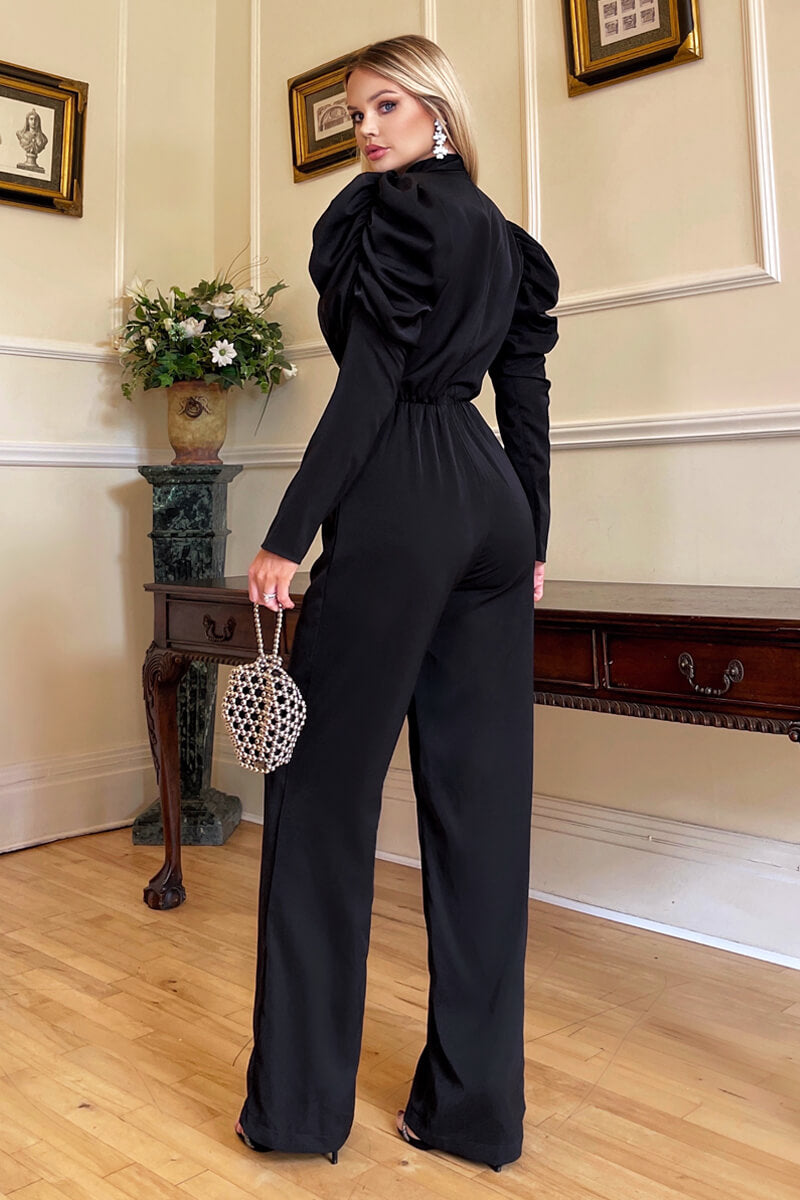 Black High Neck Puff Sleeve Jumpsuit